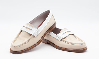 Figini - Mocassini College con suola di cuoio in Vitello Spazzolato Off White - Figini Milano