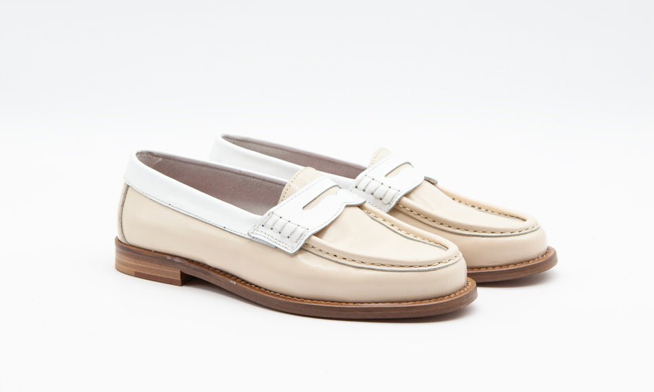 Figini - Mocassini College con suola di cuoio in Vitello Spazzolato Off White - Figini Milano