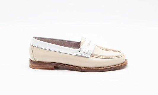 Figini - Mocassini College con suola di cuoio in Vitello Spazzolato Off White - Figini Milano