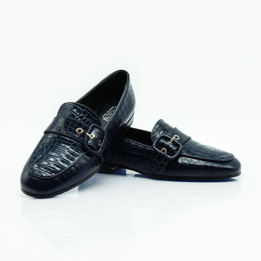 Figini - Mocassini con fibbia passante in vitello stampa cocco blu - Figini Milano