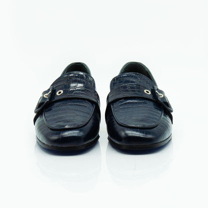 Figini - Mocassini con fibbia passante in vitello stampa cocco blu - Figini Milano