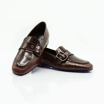 Figini - Mocassini con fibbia passante in vitello stampa cocco marrone - Figini Milano