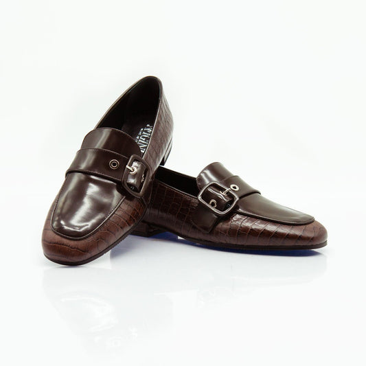 Figini - Mocassini con fibbia passante in vitello stampa cocco marrone - Figini Milano