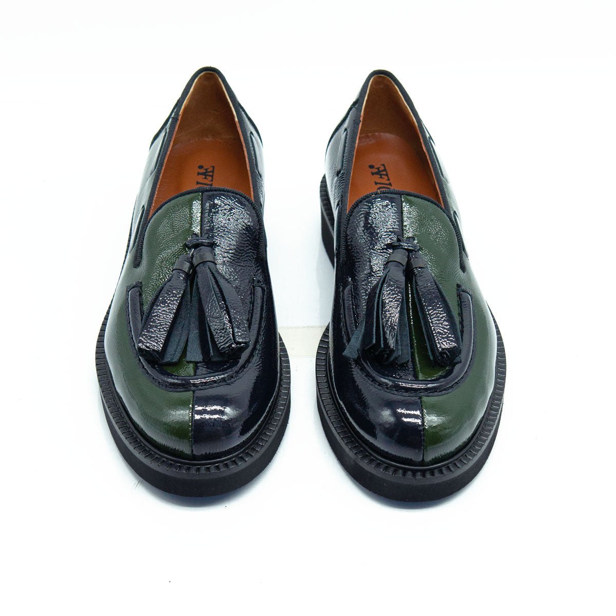 Figini - Mocassini con fiocchetti in vernice bicolore blu e verde - Figini Milano