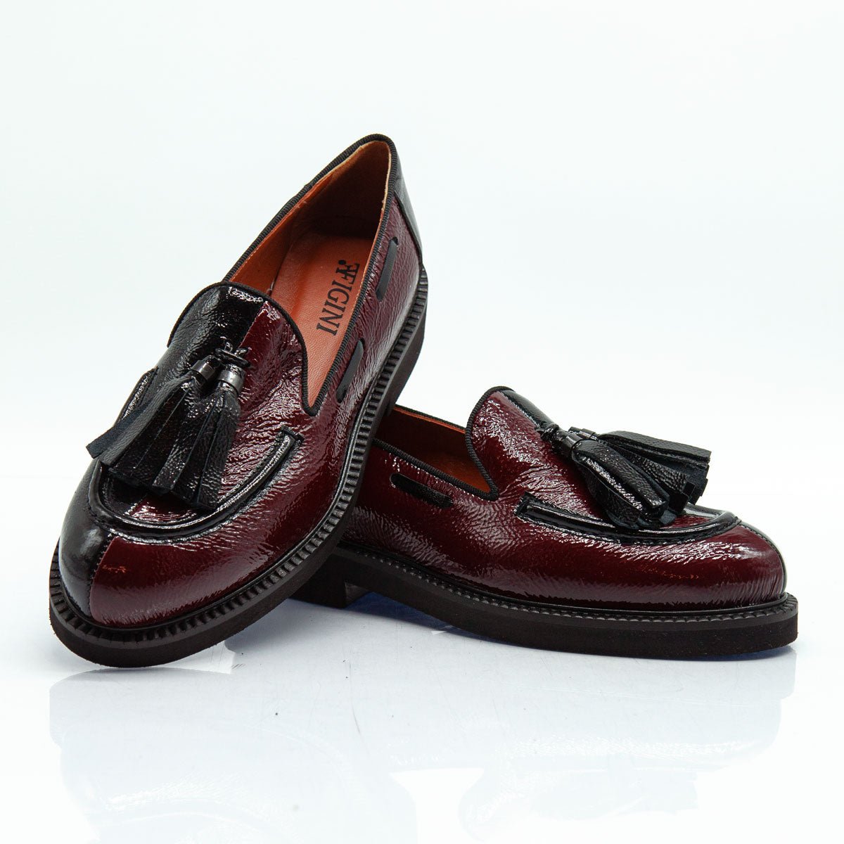 Figini - Mocassini con fiocchetti in vernice bicolore nero e bordeaux - Figini Milano