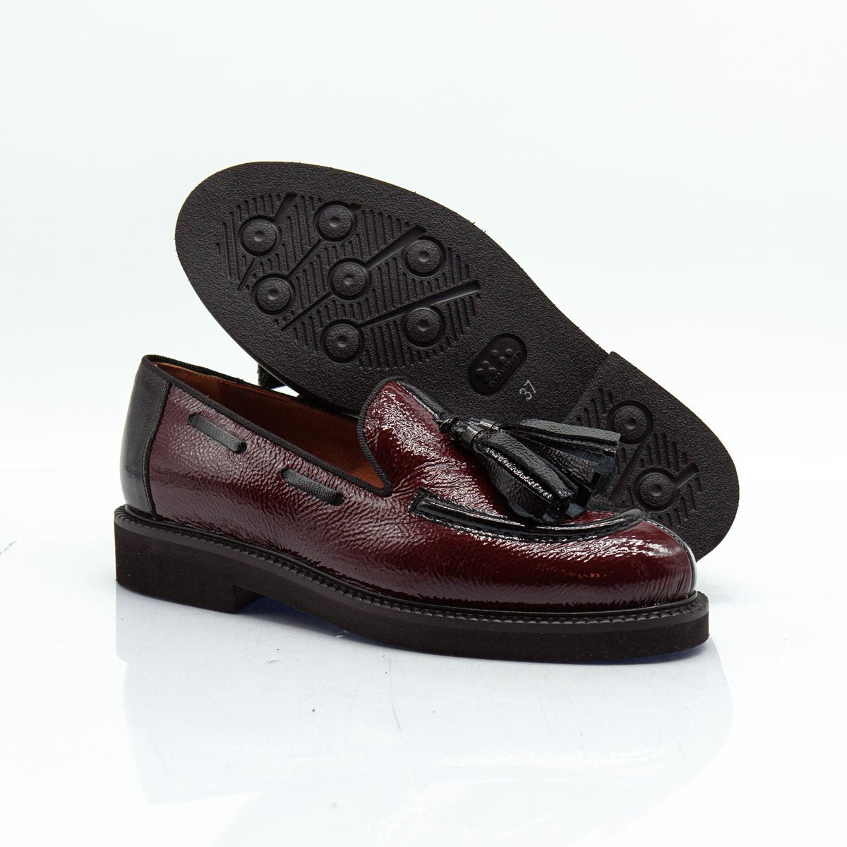 Figini - Mocassini con fiocchetti in vernice bicolore nero e bordeaux - Figini Milano