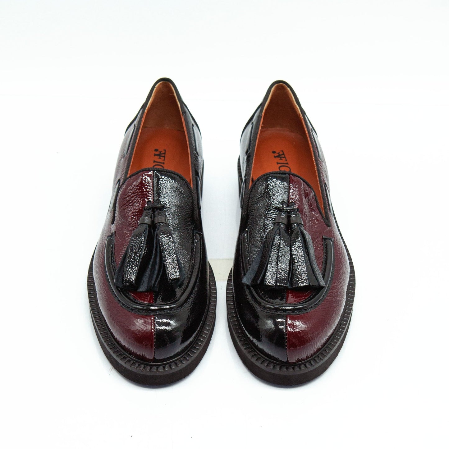 Figini - Mocassini con fiocchetti in vernice bicolore nero e bordeaux - Figini Milano