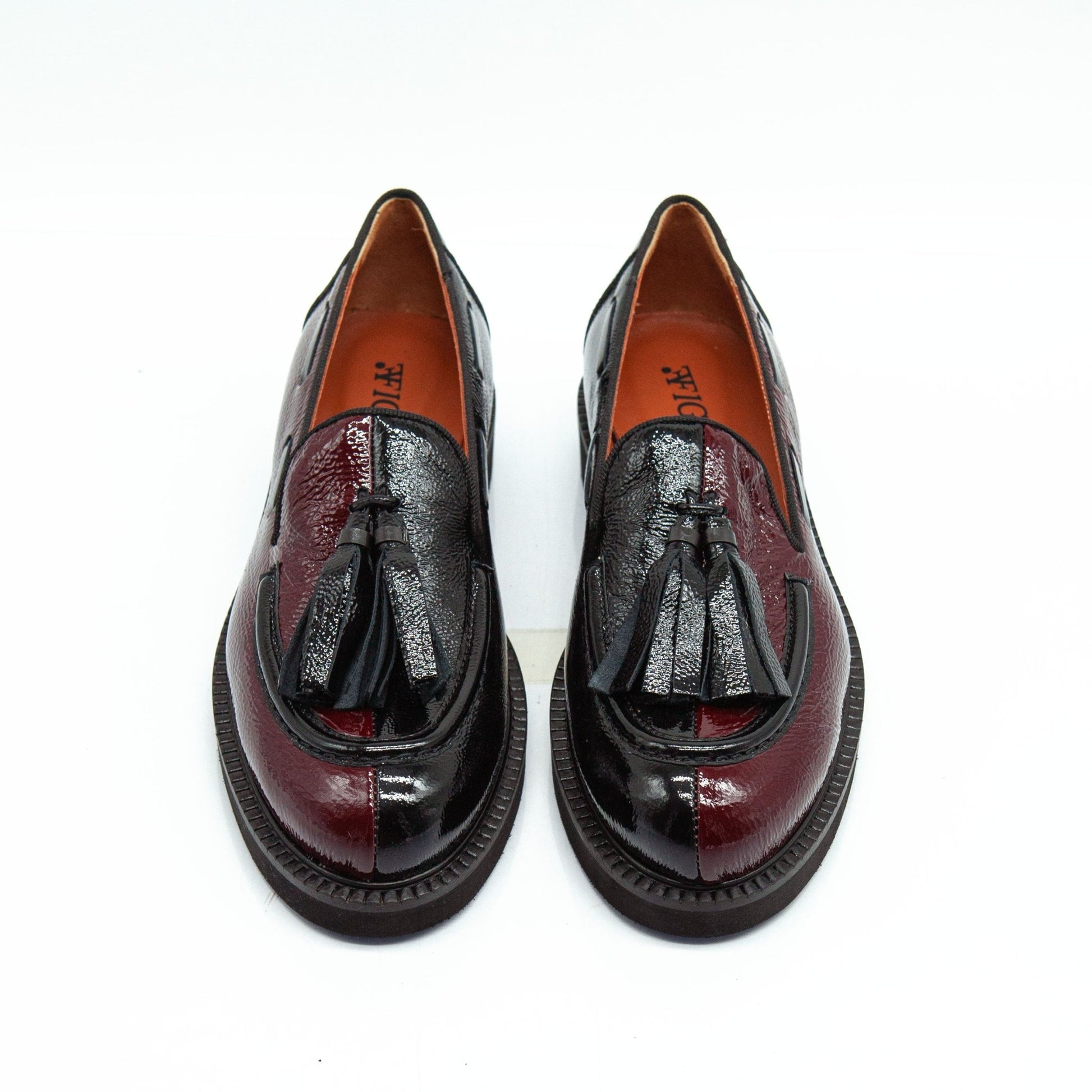 Figini - Mocassini con fiocchetti in vernice bicolore nero e bordeaux - Figini Milano