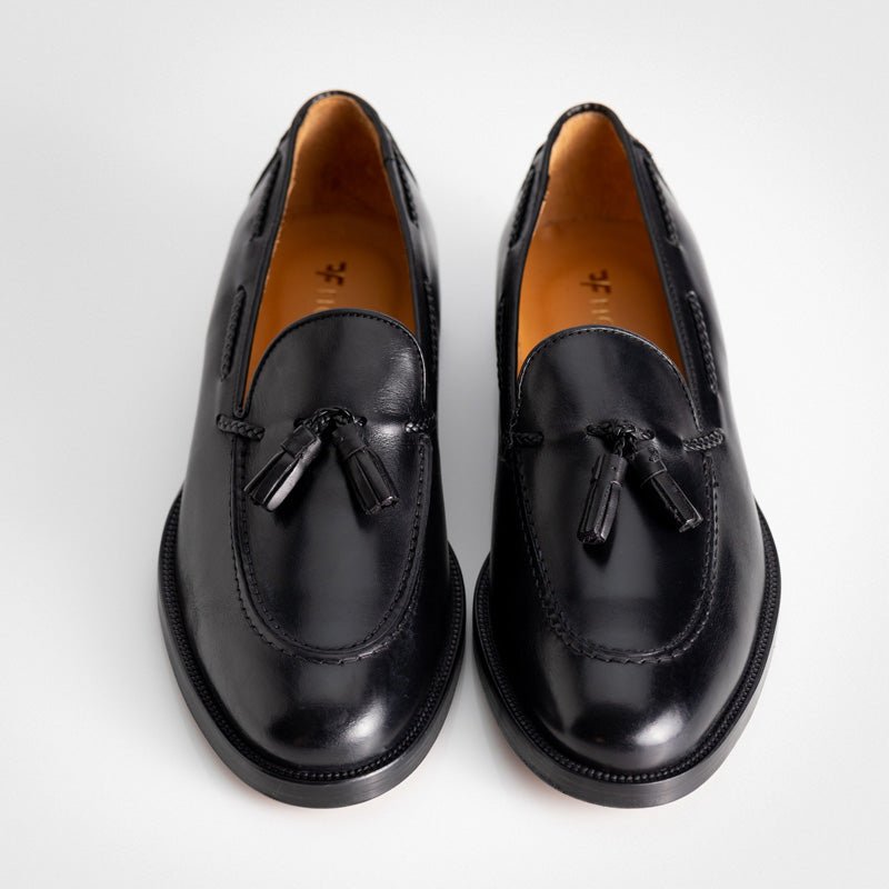 Figini - Mocassini con Nappine e suola in cuoio in vitello Nero - Figini Milano