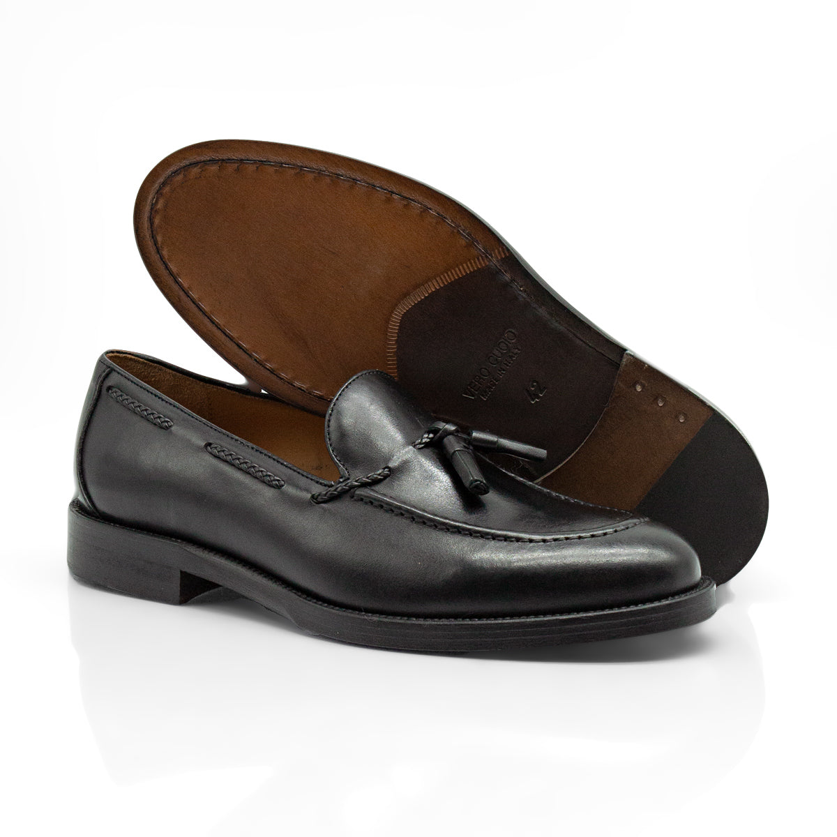 Figini - Mocassini con Nappine e suola in cuoio in vitello Nero - Figini Milano