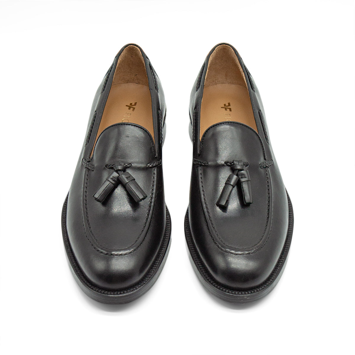 Figini - Mocassini con Nappine e suola in cuoio in vitello Nero - Figini Milano
