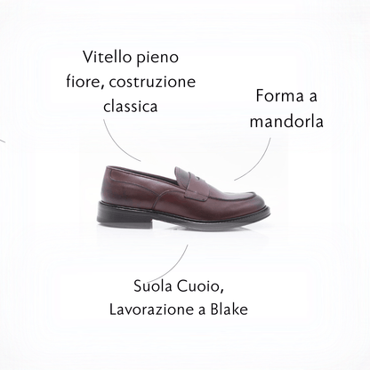 Figini - Mocassini con suola in cuoio inserto gomma in vitello Bordeaux - Figini Milano