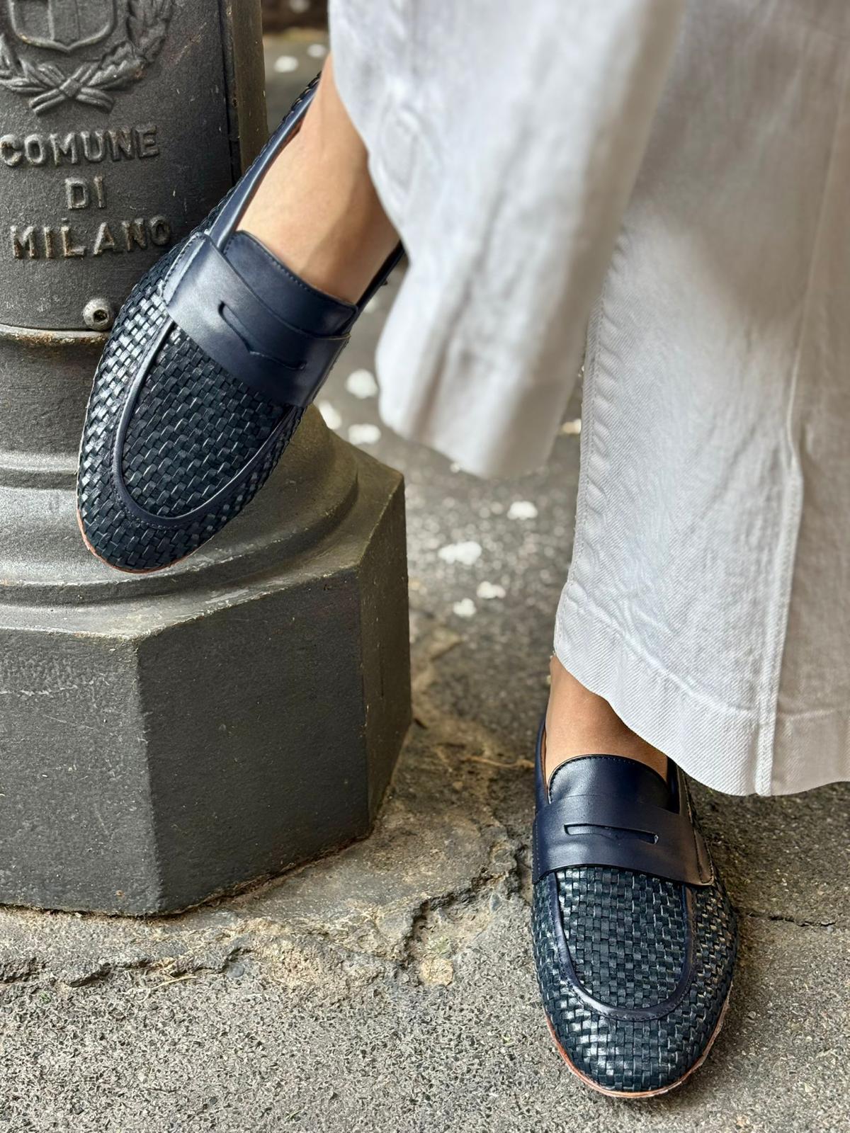 Figini - Mocassini Intrecciati in Nappa Blu - Figini Milano