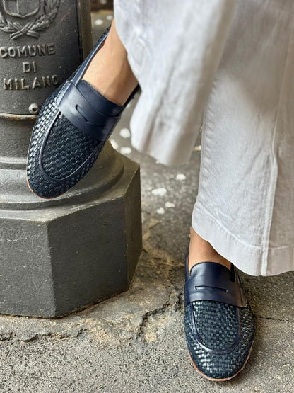 Figini - Mocassini Intrecciati in Nappa Blu - Figini Milano