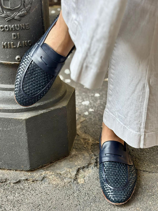 Figini - Mocassini Intrecciati in Nappa Blu - Figini Milano