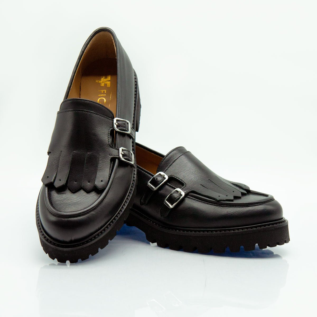 Figini - Mocassini monk con tacco 4 cm in vitello nero - Figini Milano