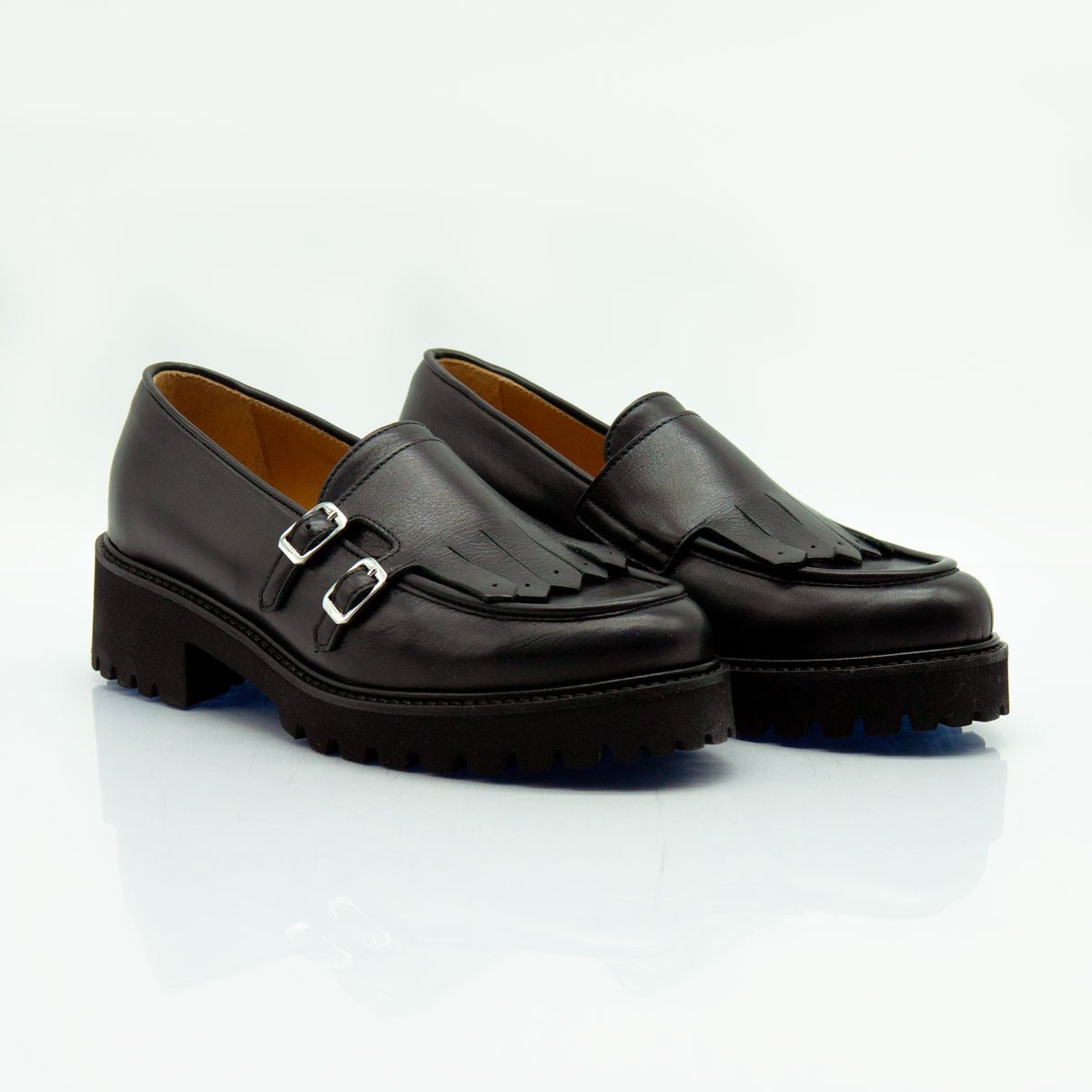 Figini - Mocassini monk con tacco 4 cm in vitello nero - Figini Milano