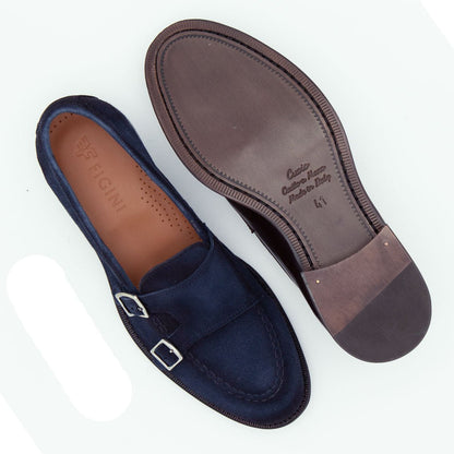 Figini - Mocassini monk in camoscio blu aerografato - Figini Milano