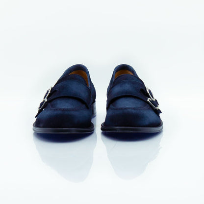 Figini - Mocassini monk in camoscio blu aerografato - Figini Milano