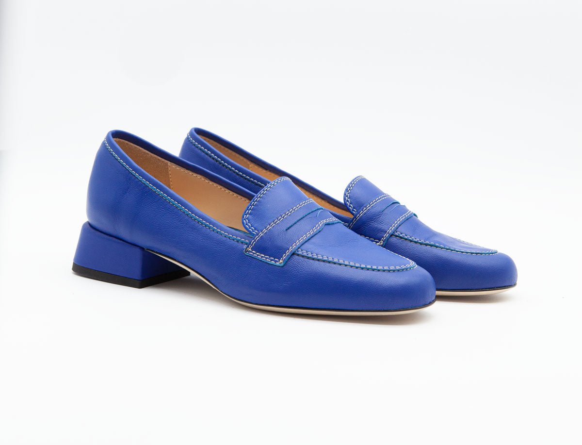 Figini - Mocassini sfoderati con tacco 3 cm in Vitello Bluette - Figini Milano