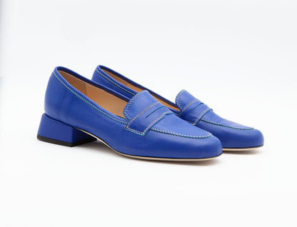 Figini - Mocassini sfoderati con tacco 3 cm in Vitello Bluette - Figini Milano