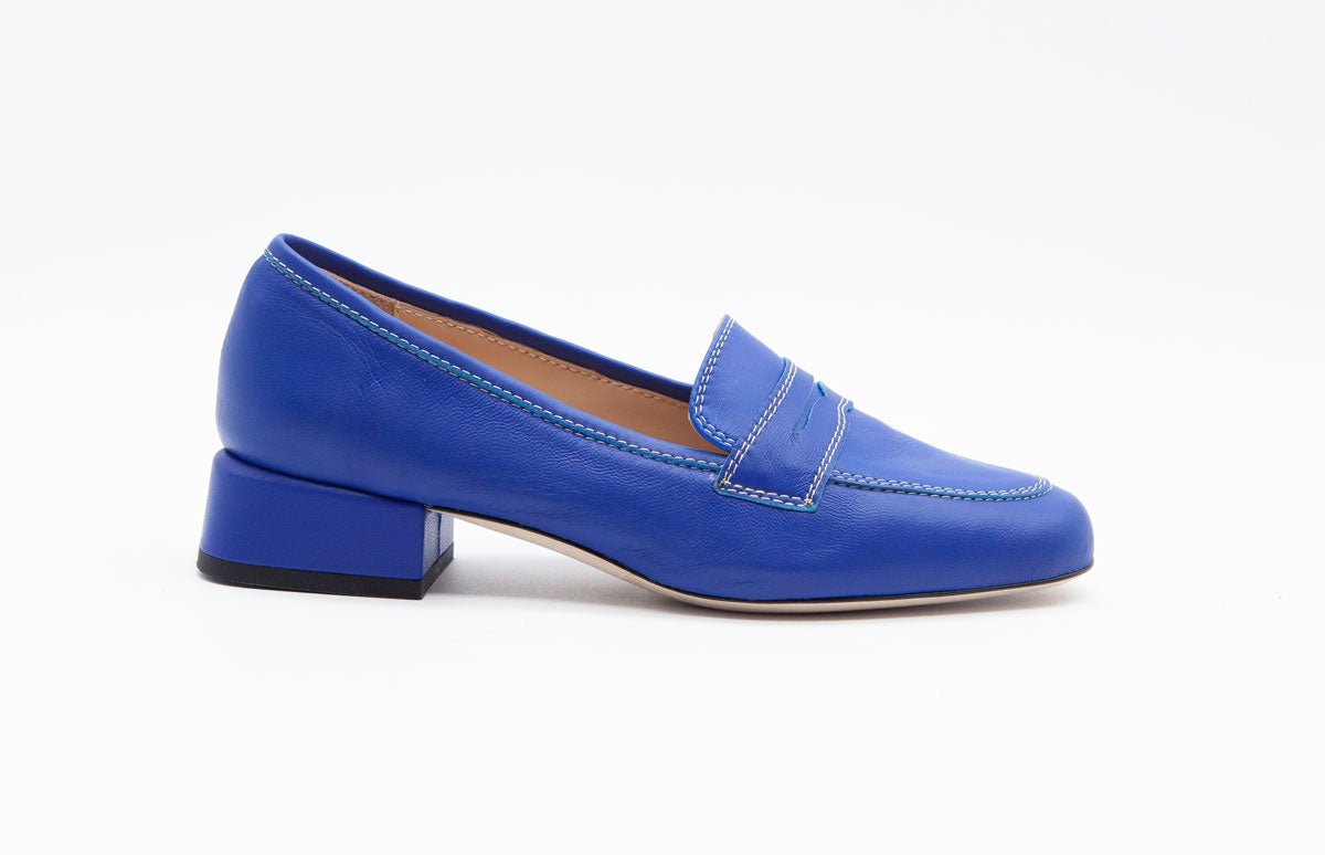 Figini - Mocassini sfoderati con tacco 3 cm in Vitello Bluette - Figini Milano