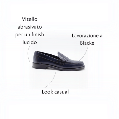 Figini - Mocassino Collegge con suola in cuoio in Vitello Abrasivato Blu - Figini Milano