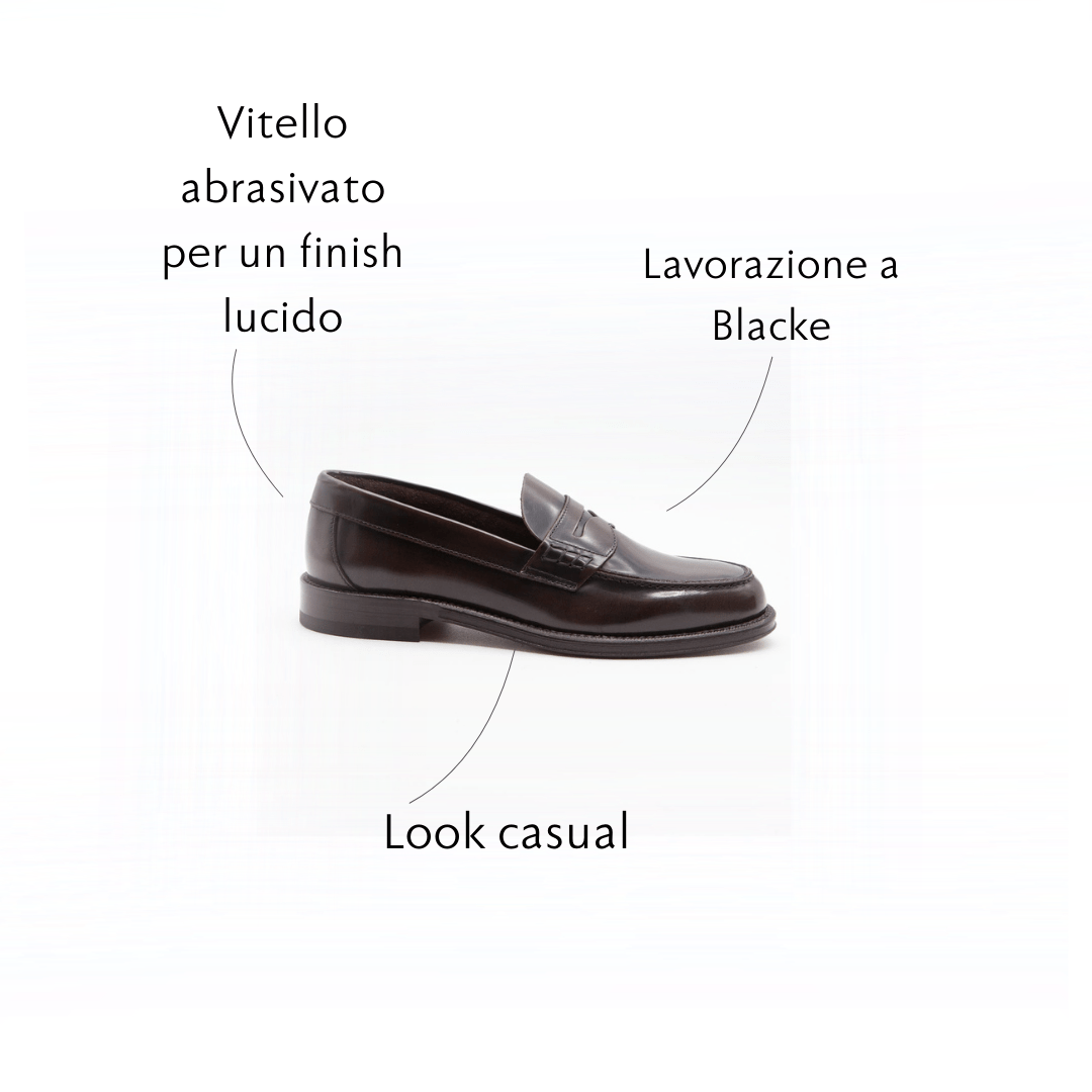 Figini - Mocassino Collegge con suola in cuoio in Vitello Abrasivato Testa Moro - Figini Milano