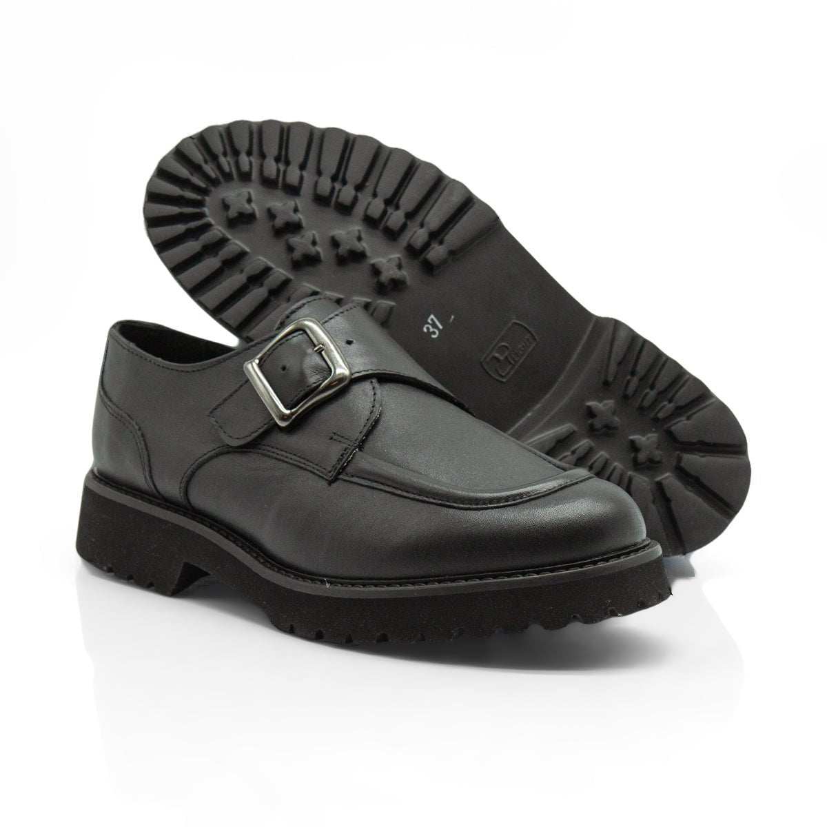 Figini - Monk strap con fondo carrarmato in vitello nero - Figini Milano