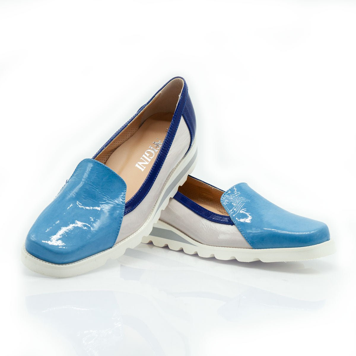 Figini - Montanti Slip - on su zeppa in Vernice Beige e Blu - Figini Milano