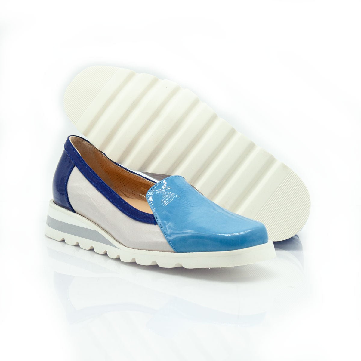 Figini - Montanti Slip - on su zeppa in Vernice Beige e Blu - Figini Milano