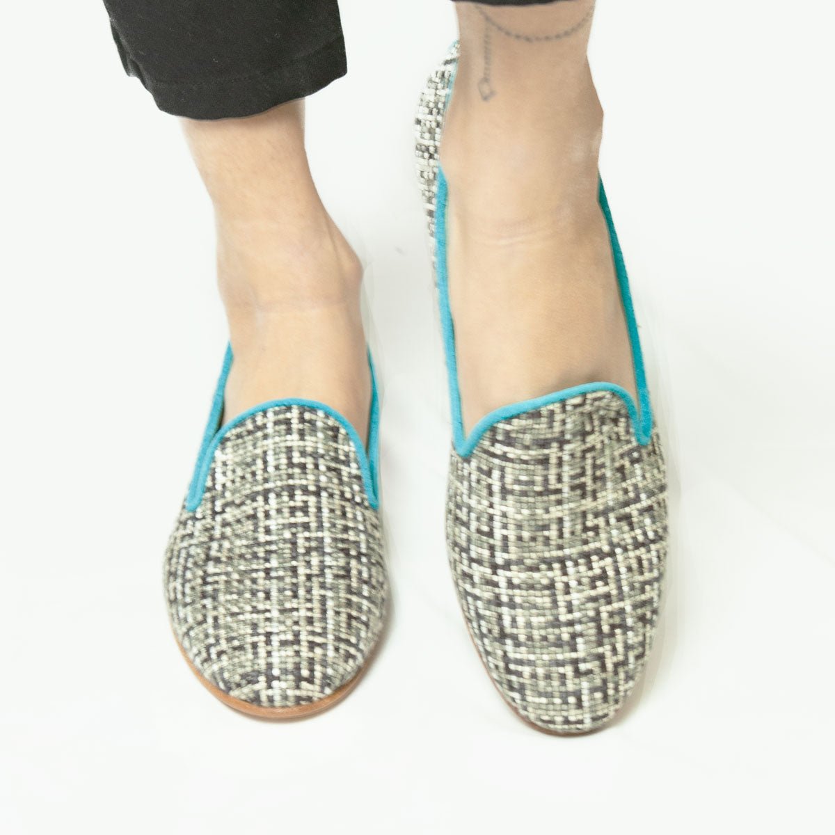 Figini - Pantofola in tessuto pied de poule beige nero - Figini Milano