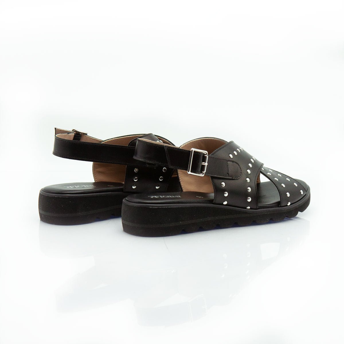 Figini - Sandali a fasce borchiate incrociate in nappa nera - Figini Milano