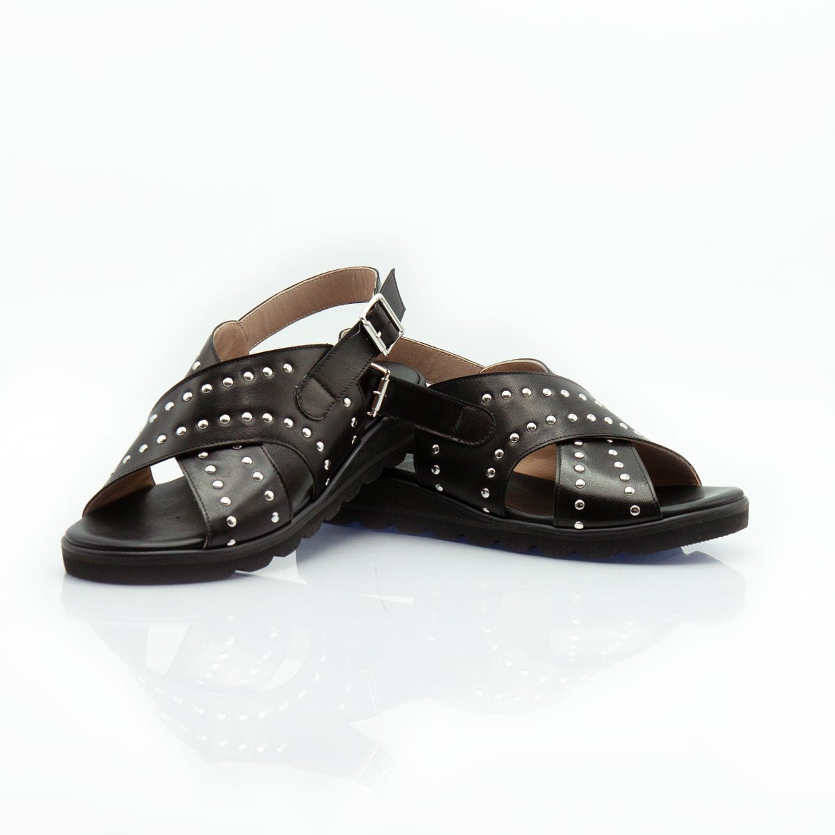 Figini - Sandali a fasce borchiate incrociate in nappa nera - Figini Milano