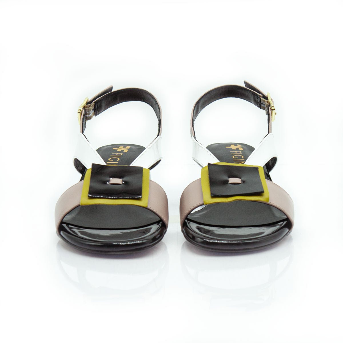 Figini - Sandali con accessorio e tacco 4 cm in nappa nero e beige - Figini Milano