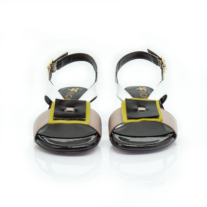 Figini - Sandali con accessorio e tacco 4 cm in nappa nero e beige - Figini Milano