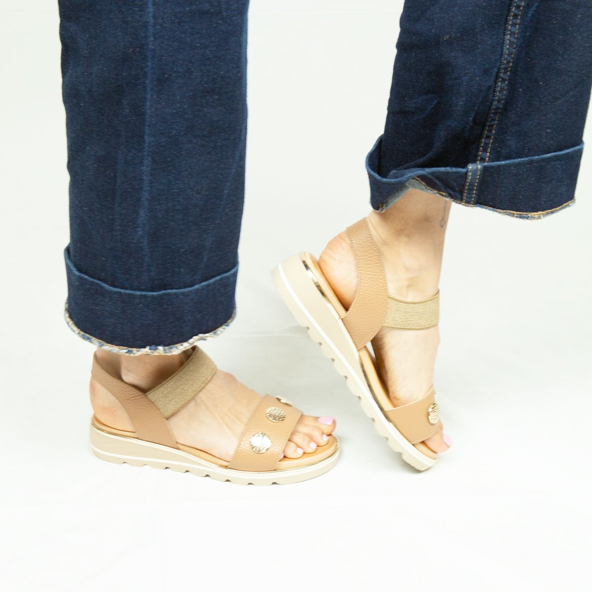 Figini - Sandali easy con zeppa in extralight in vitello cuoio - Figini Milano