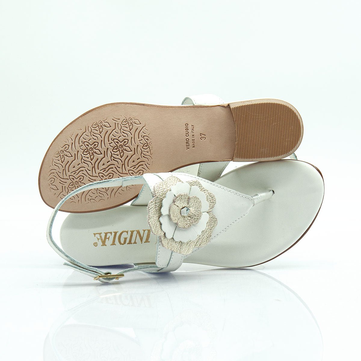 Figini - Sandali infradito con accessorio fiore in nappa bianco - Figini Milano