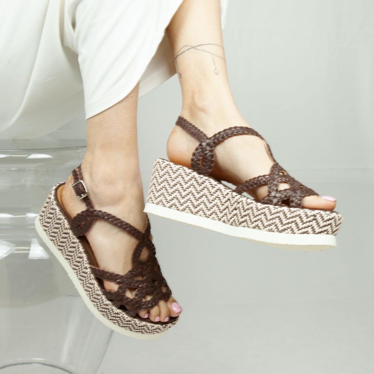 Figini - Sandali wedge intrecciati testa di moro - Figini Milano