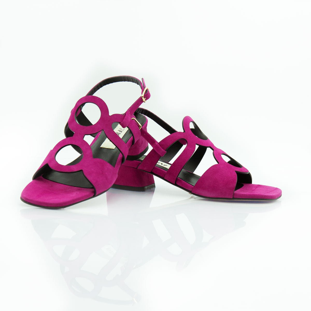 Figini - Sandalo a cerchi con tacco 4 cm in camoscio fucsia - Figini Milano