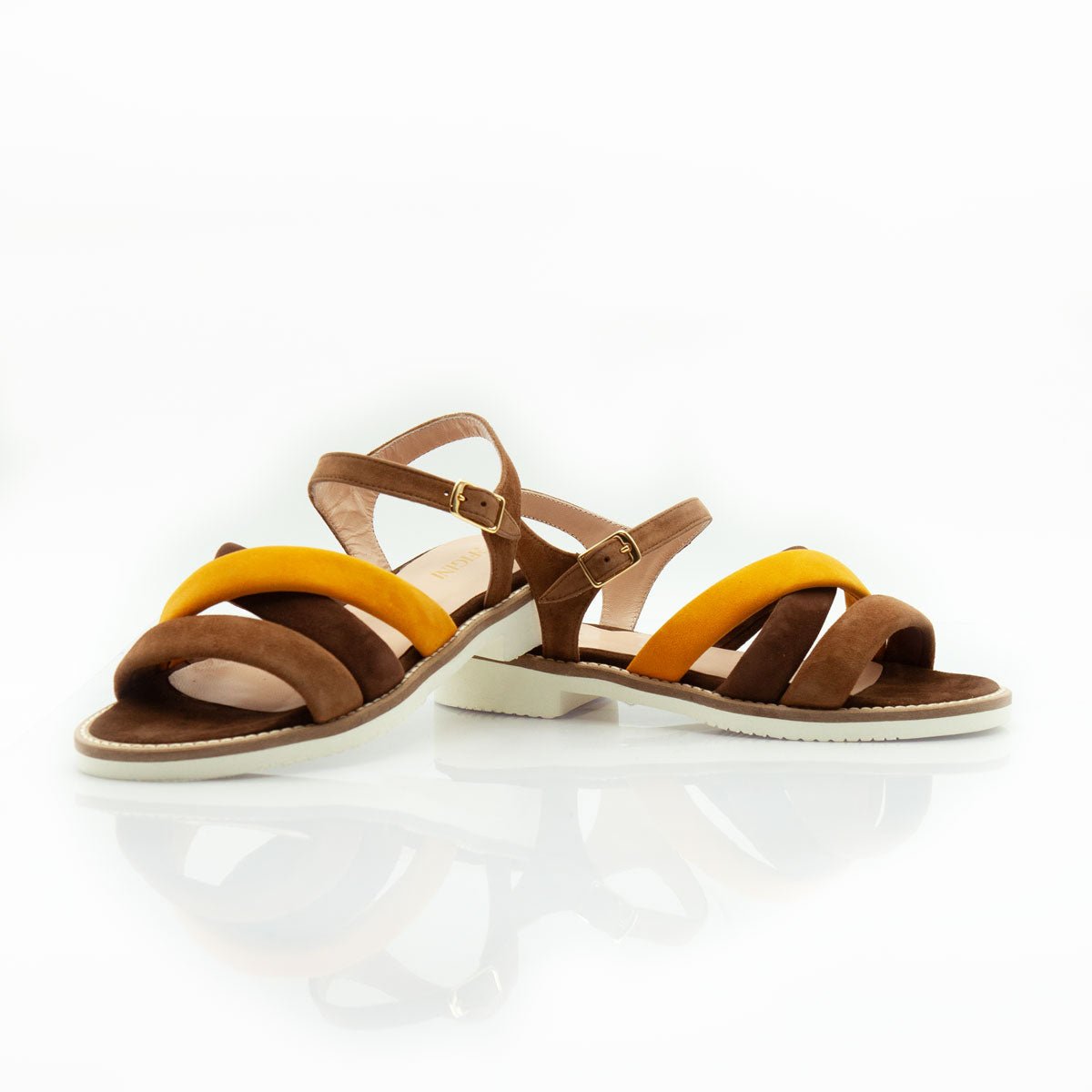 Figini - Sandalo a fasce in camoscio cuoio e ocra - Figini Milano