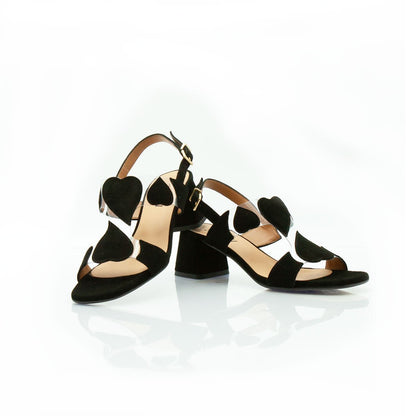 Figini - Sandalo Cuori con tacco 5 cm in vinile e camoscio nero - Figini Milano