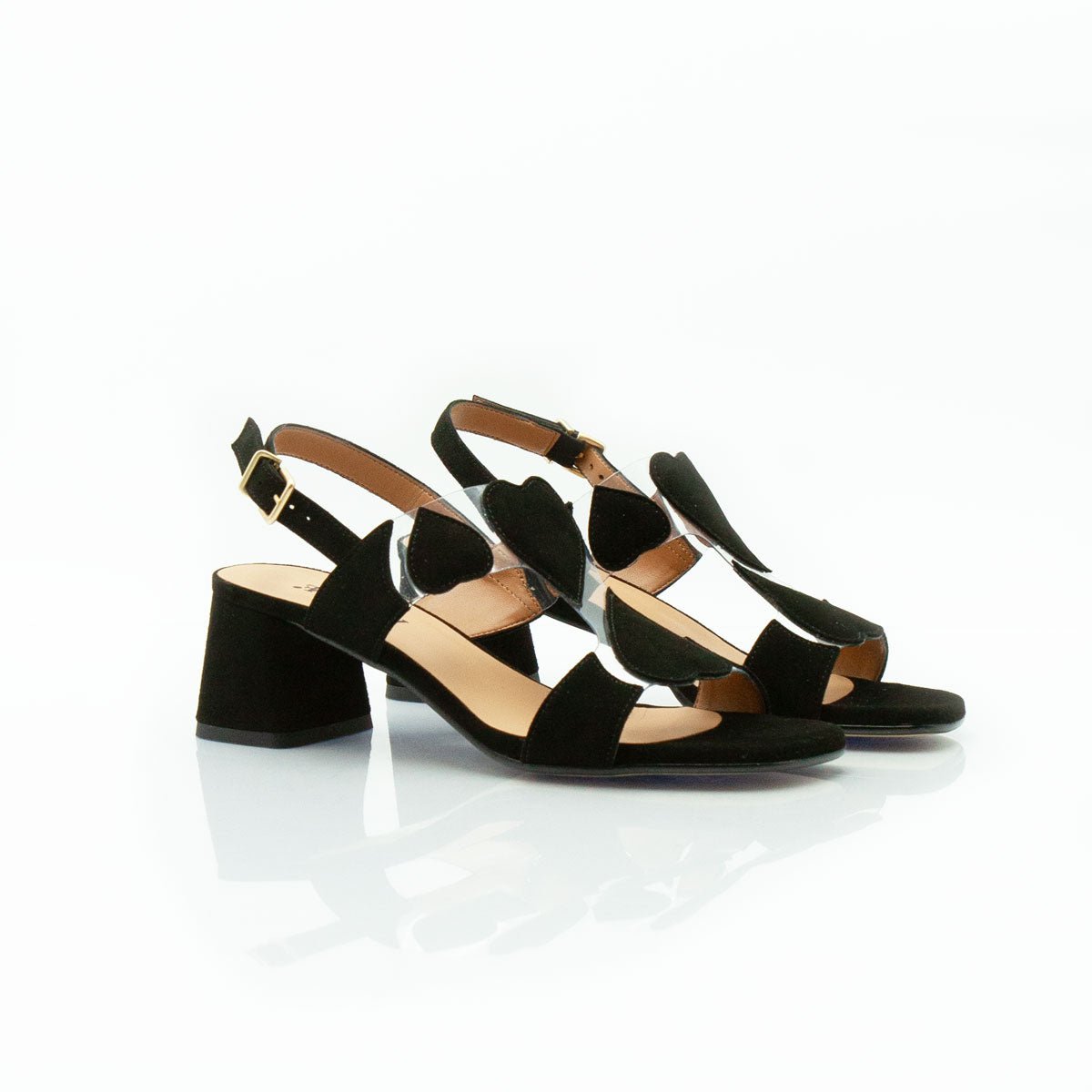 Figini - Sandalo Cuori con tacco 5 cm in vinile e camoscio nero - Figini Milano