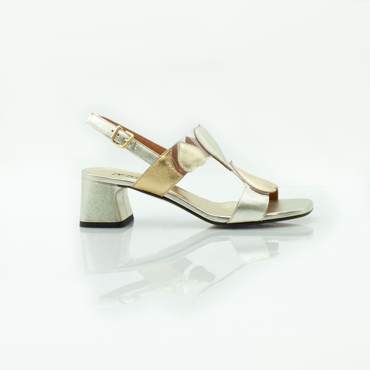 Figini - Sandalo Cuori con tacco 5 cm in vinile e nappa laminata platino - Figini Milano