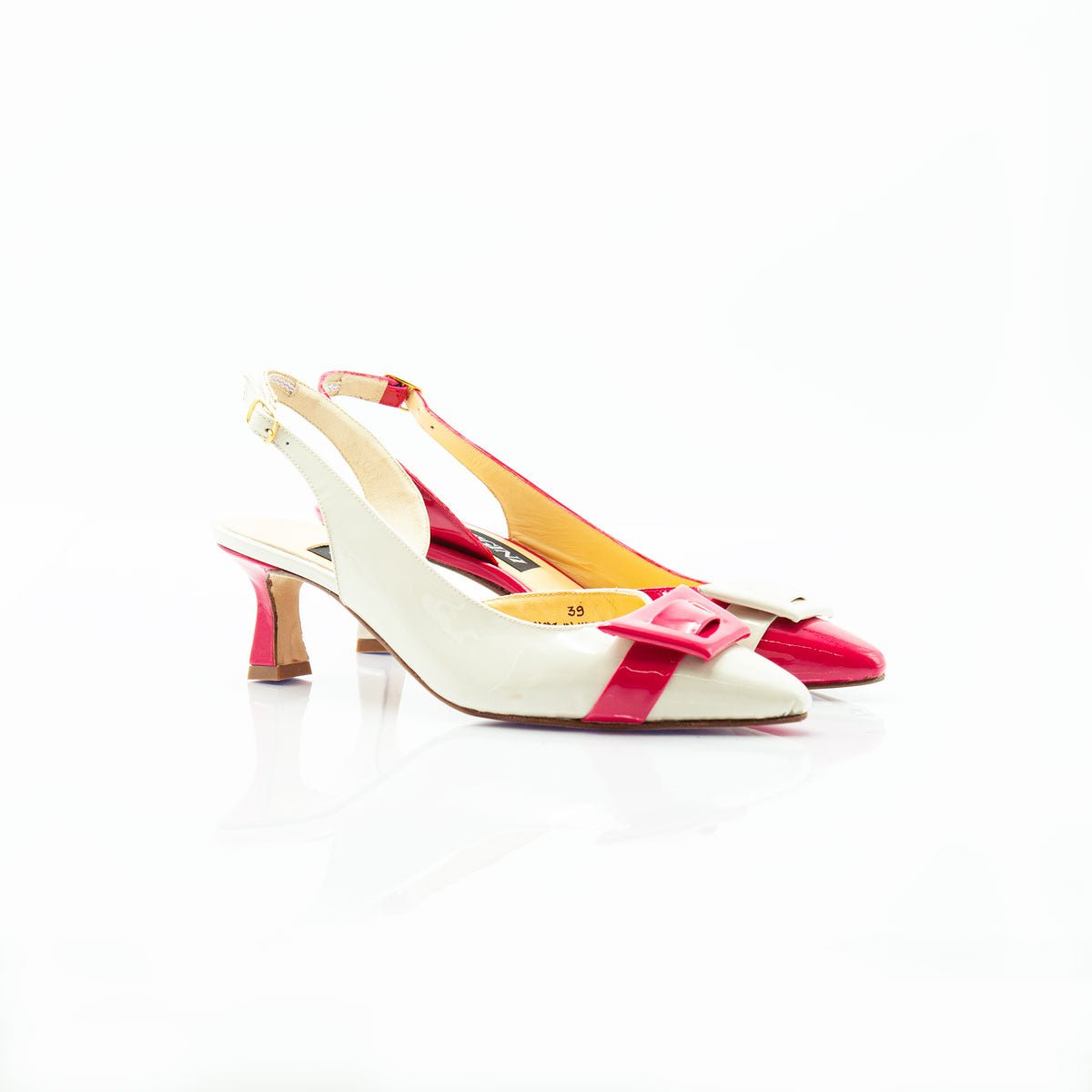 Figini - Slingback Asimmetriche con tacco di 5cm in in Vernice Beige - Fragola - Figini Milano