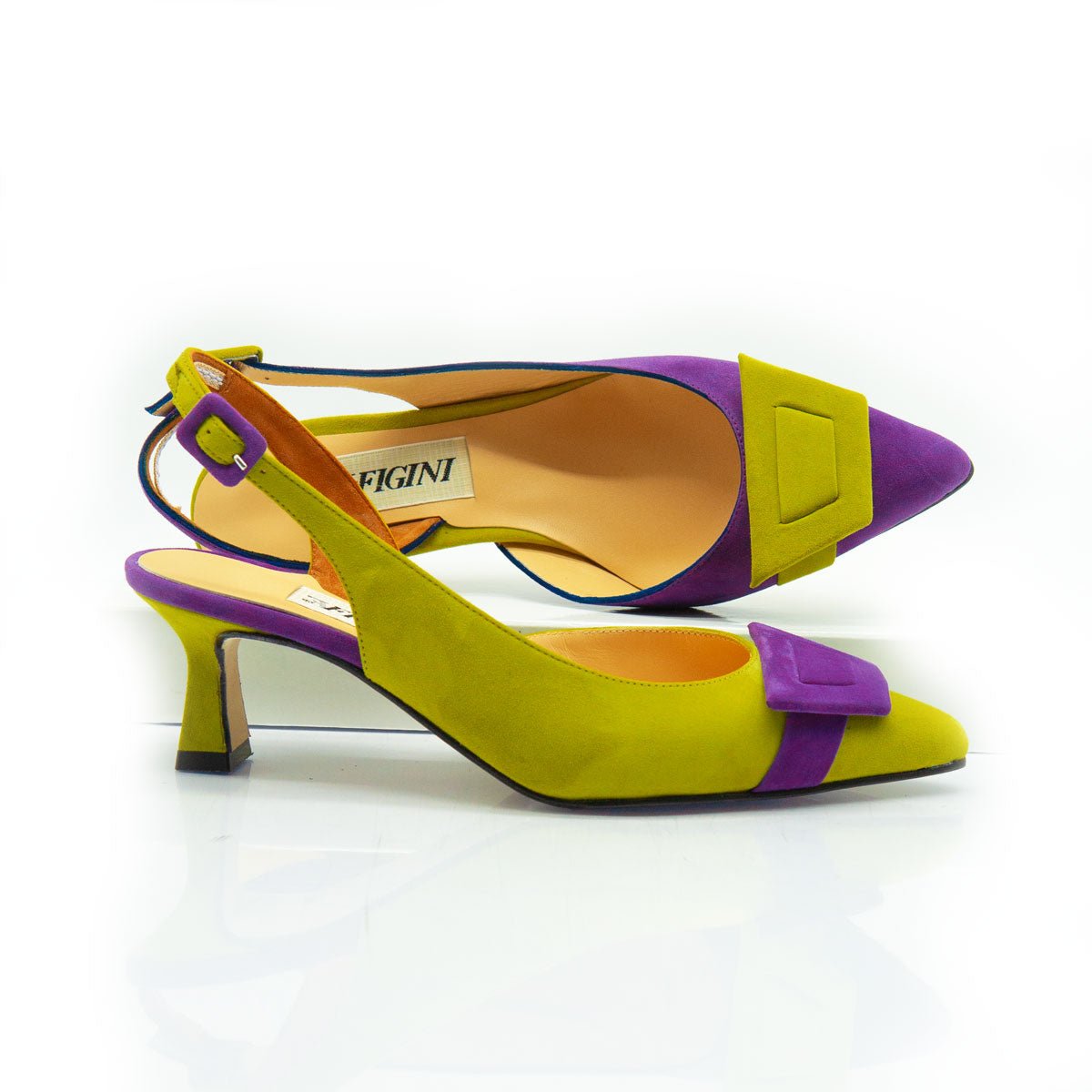 Figini - Slingback Asimmetriche con tacco di 5cm in lime e viola - Figini Milano