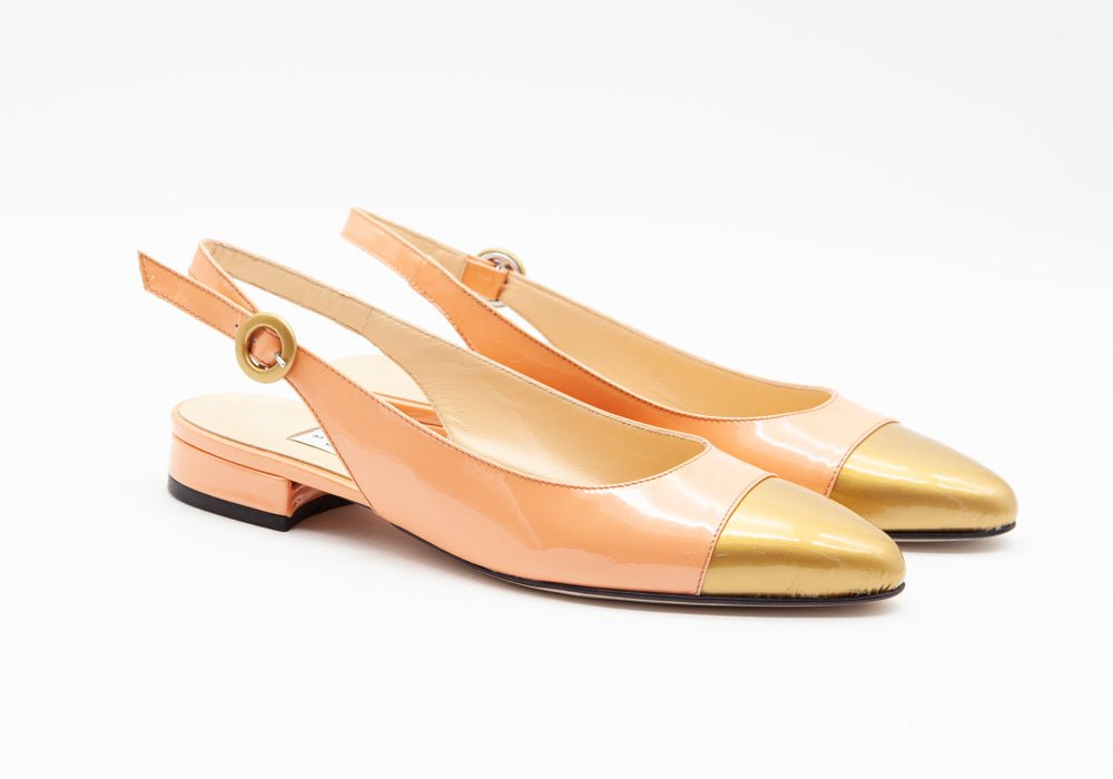 Figini - Slingback bicolore con tacco 2 cm in Vernice Pesca - Oro - Figini Milano