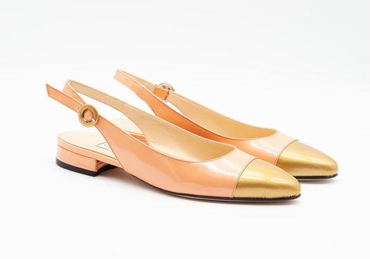 Figini - Slingback bicolore con tacco 2 cm in Vernice Pesca - Oro - Figini Milano
