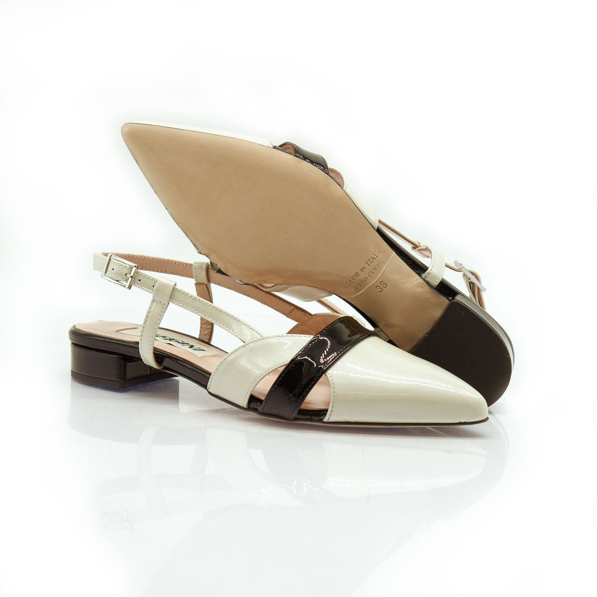 Figini - Slingback con tacco 2 cm in Vernice Beige e Nero - Figini Milano