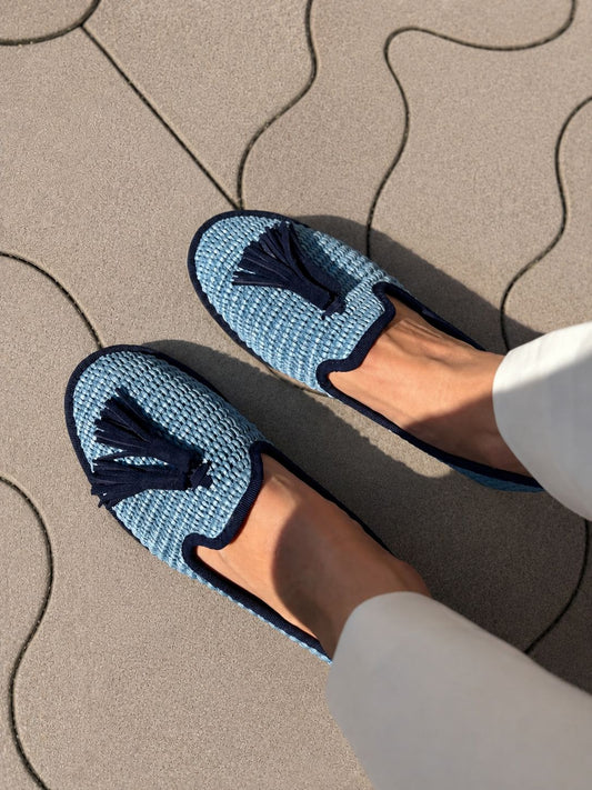 Figini - Slip - on Friulane con Fiocchetti in Rafia Azzurro - Figini Milano